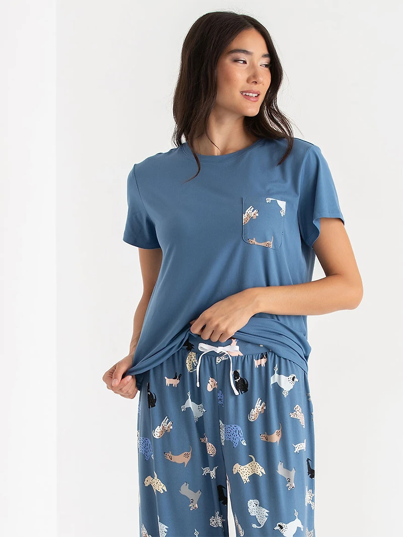 T-Shirt and Print Pants Pajama Set Dogs Pocket