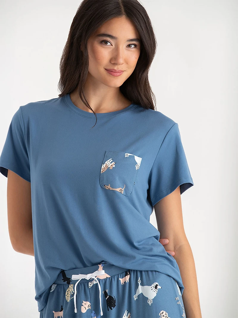 T-Shirt and Print Pants Pajama Set Dogs Pocket
