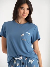 T-Shirt and Print Pants Pajama Set Dogs Pocket