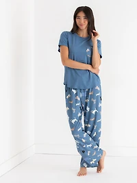 T-Shirt and Print Pants Pajama Set Dogs Pocket