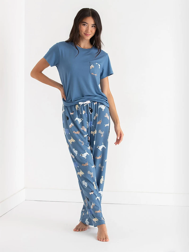 T-Shirt and Print Pants Pajama Set Dogs Pocket