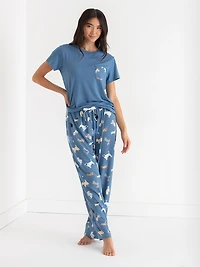 T-Shirt and Print Pants Pajama Set Dogs Pocket