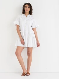White Short Sleeve Luxe Poplin Dress with Ruffles