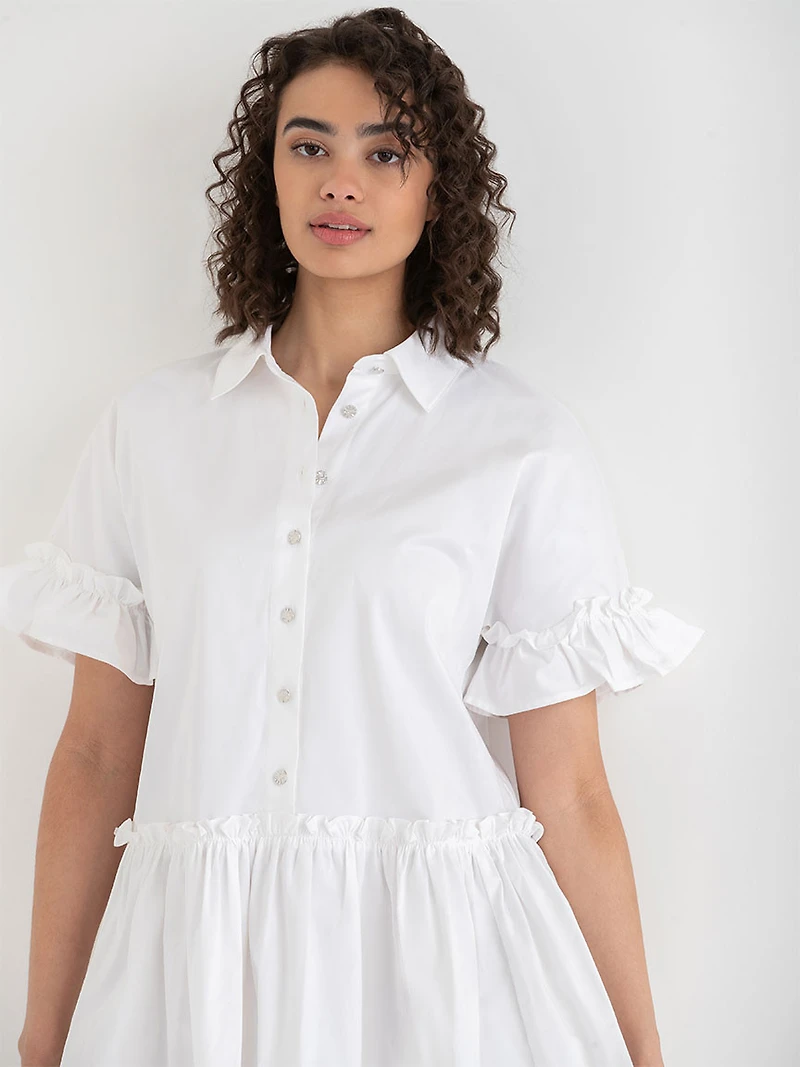 White Short Sleeve Luxe Poplin Dress with Ruffles