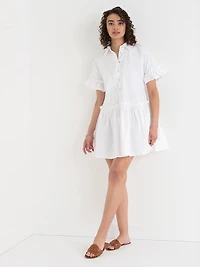 White Short Sleeve Luxe Poplin Dress with Ruffles