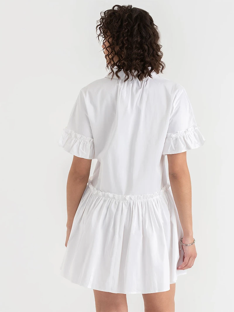 White Short Sleeve Luxe Poplin Dress with Ruffles