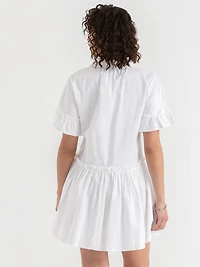 White Short Sleeve Luxe Poplin Dress with Ruffles
