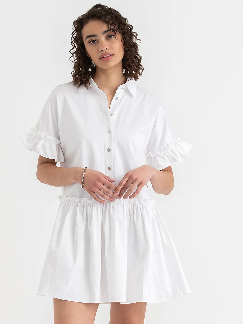 White Short Sleeve Luxe Poplin Dress with Ruffles