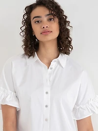 White Short Sleeve Luxe Poplin Dress with Ruffles