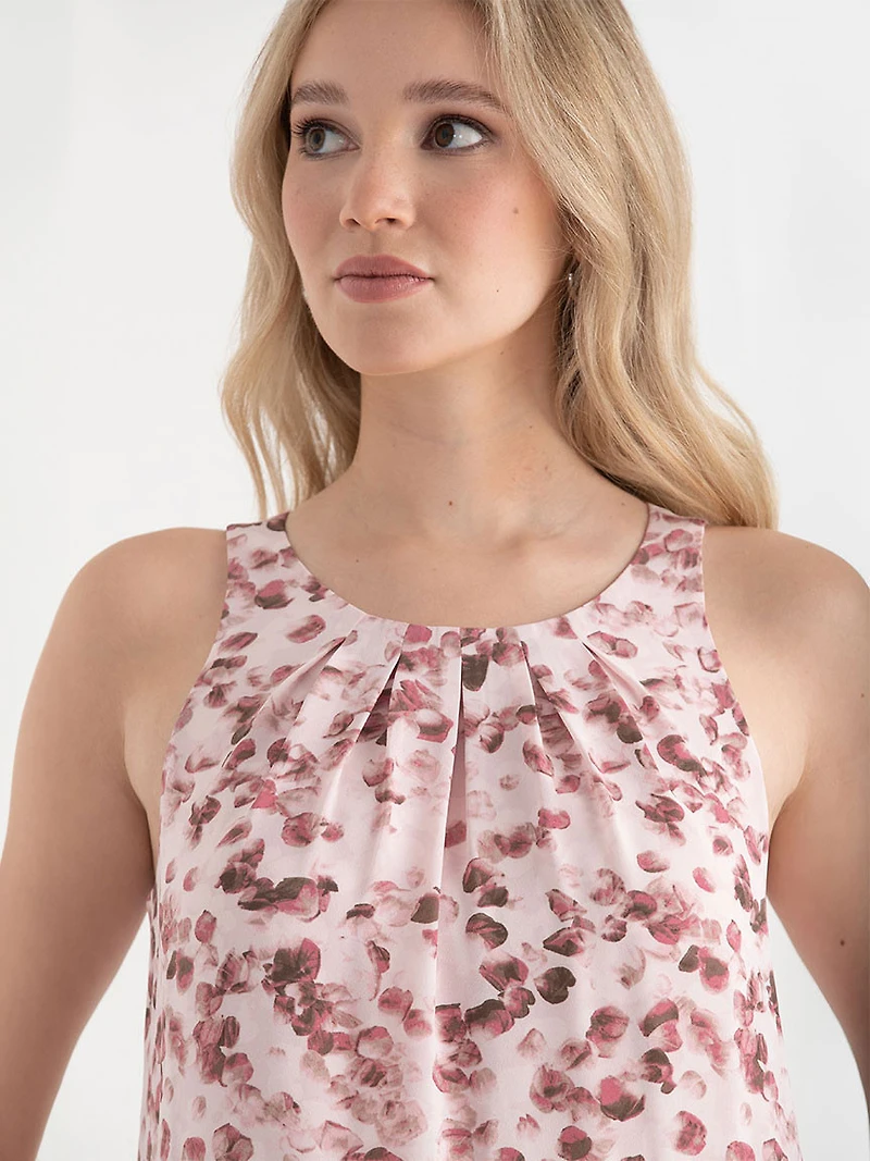 Romantic Pink Petal Paulina Pleat Neck Sleeveless Blouse