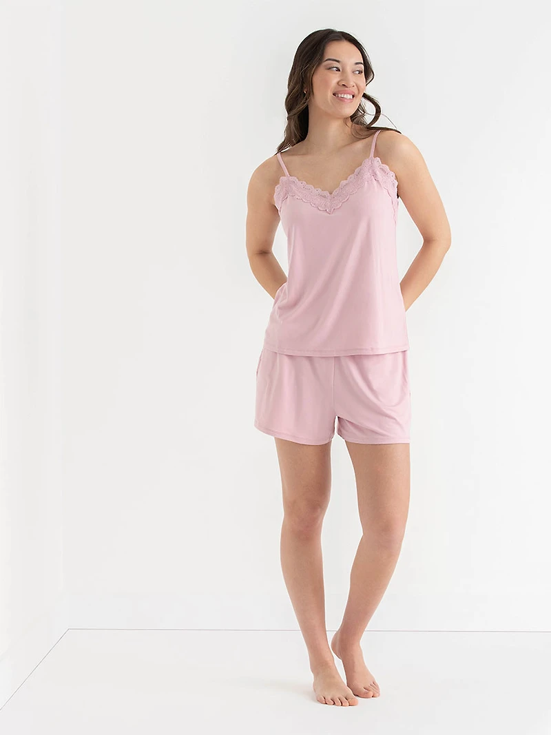 Bleached Mauve Lace Trim Cami & Shorts Sleep Set