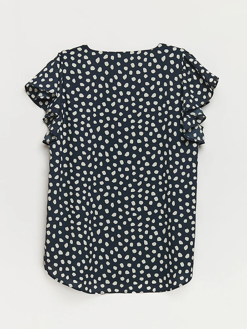 Blue Watercolour Flower Flutter Sleeve Blouse