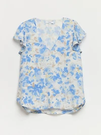 Blue Watercolour Flower Flutter Sleeve Blouse