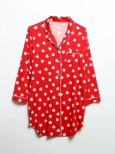 Goji Berry Hearts Long Sleeve Button-Down Sleep Shirt