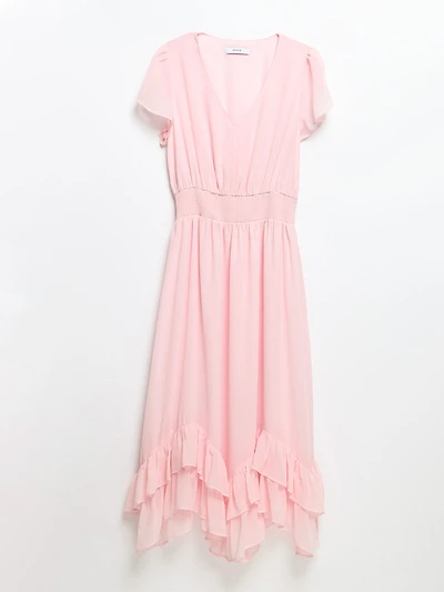 Pink A Boo Chiffon Handkerchief Hem Ruffle Dress