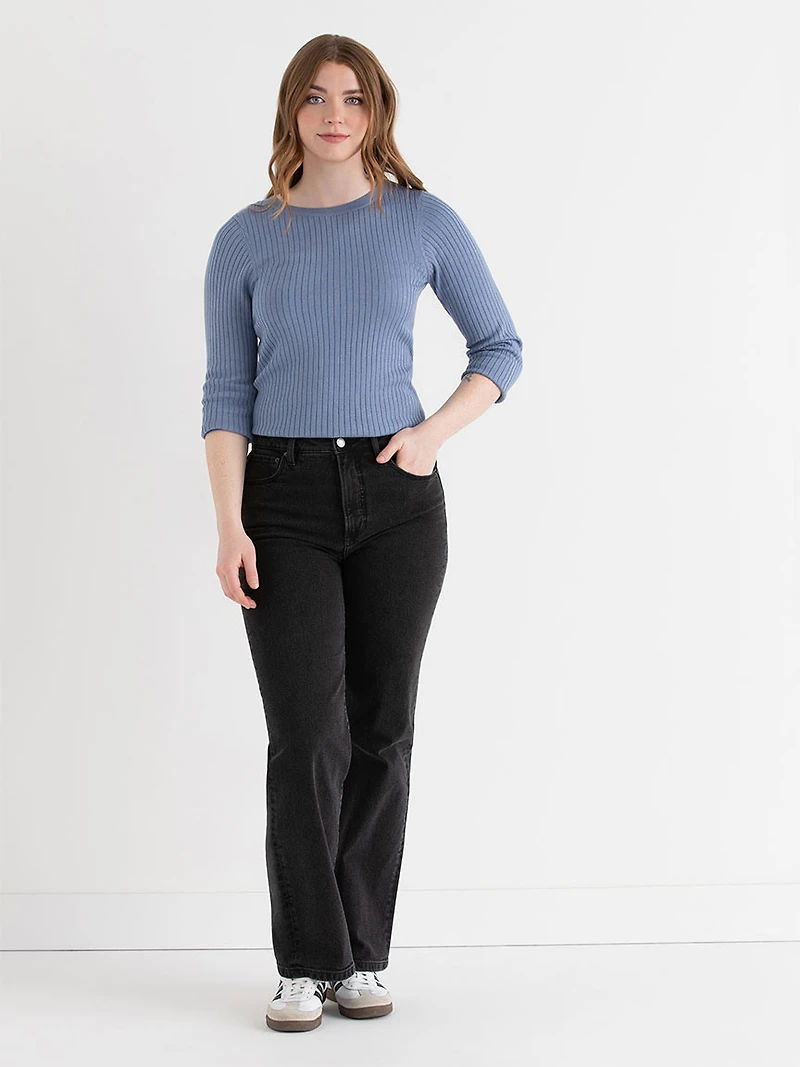 Infinity Blue Crew Neck Rib Knit Sweater