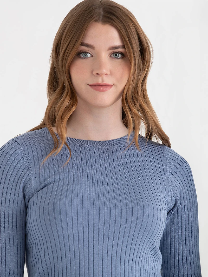 Infinity Blue Crew Neck Rib Knit Sweater