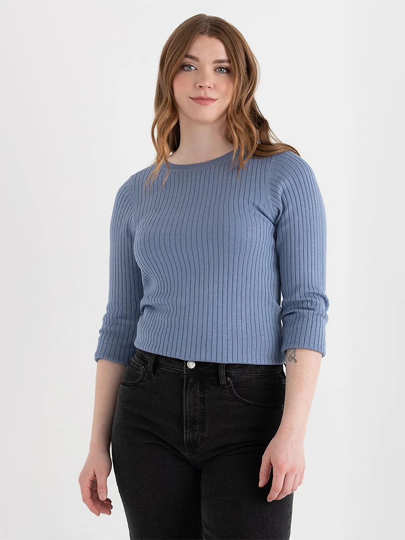 Infinity Blue Crew Neck Rib Knit Sweater
