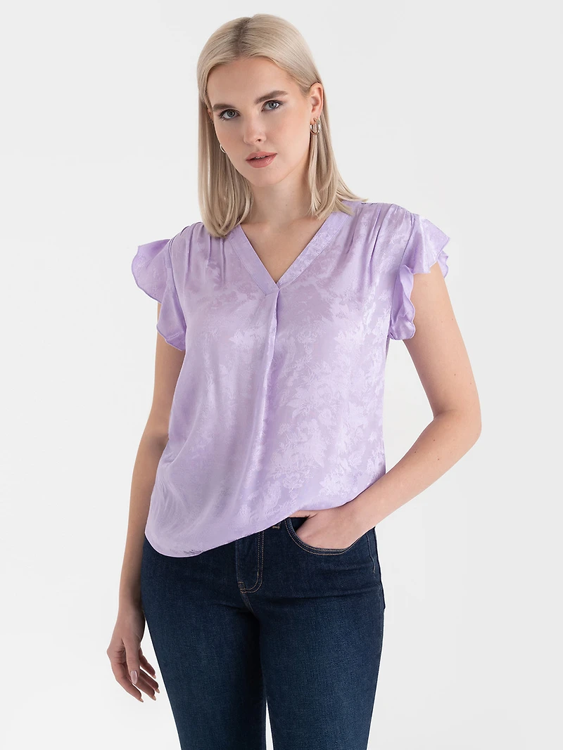 Pastel Lilac Flutter Sleeve V-Neck Blouse