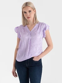 Pastel Lilac Flutter Sleeve V-Neck Blouse