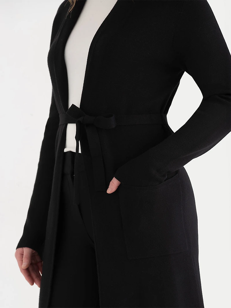 Black Long Cardigan with Tie Belt