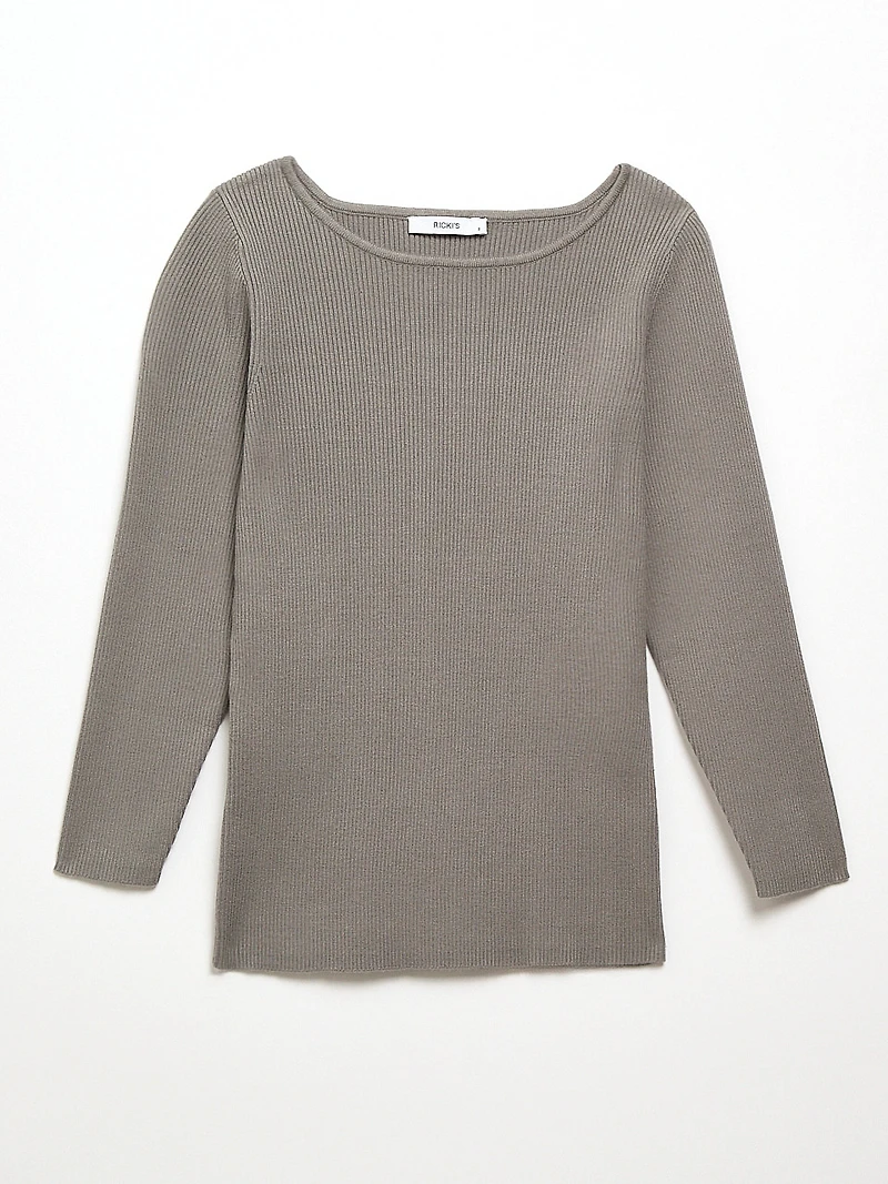 3/4 Sleeve Ribbed Boatneck Sweater Mid Grey