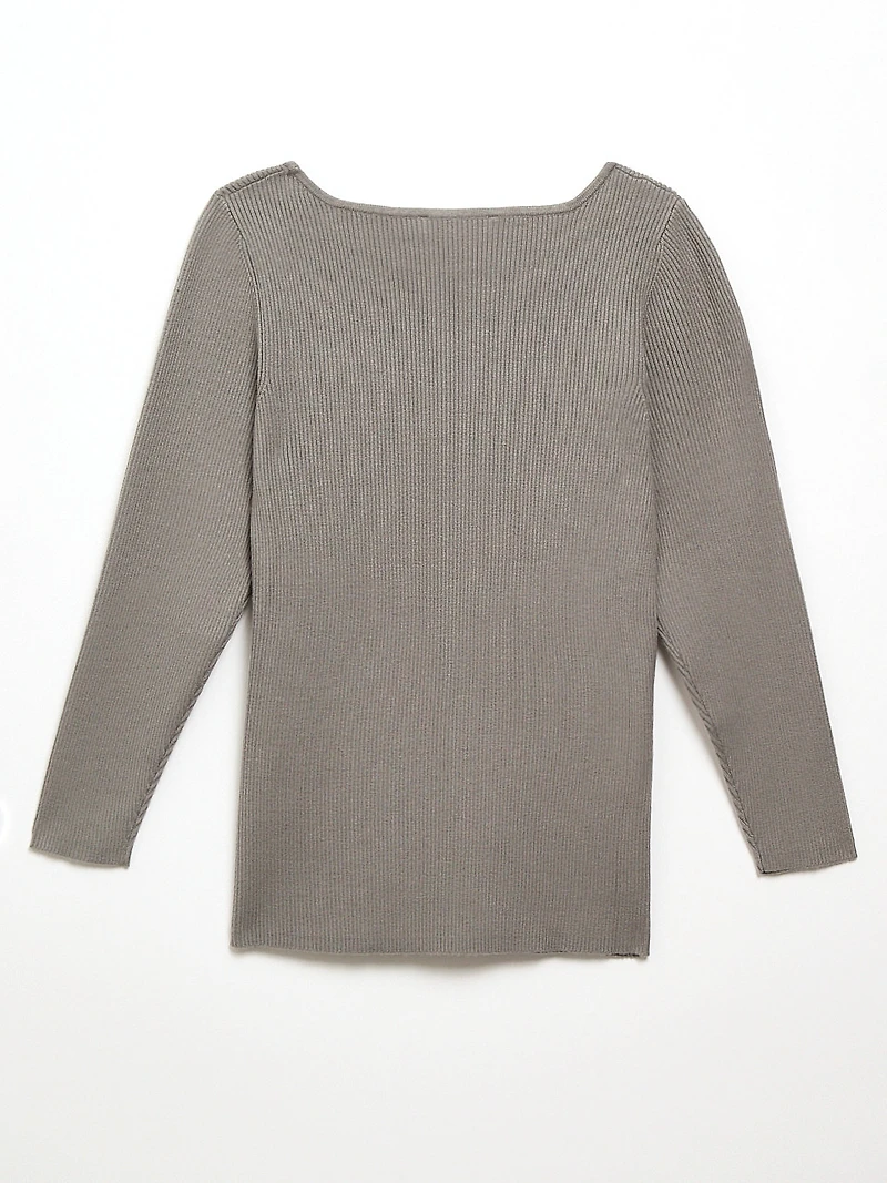 3/4 Sleeve Ribbed Boatneck Sweater Mid Grey