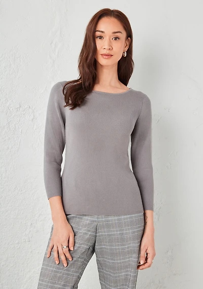 3/4 Sleeve Ribbed Boatneck Sweater Mid Grey
