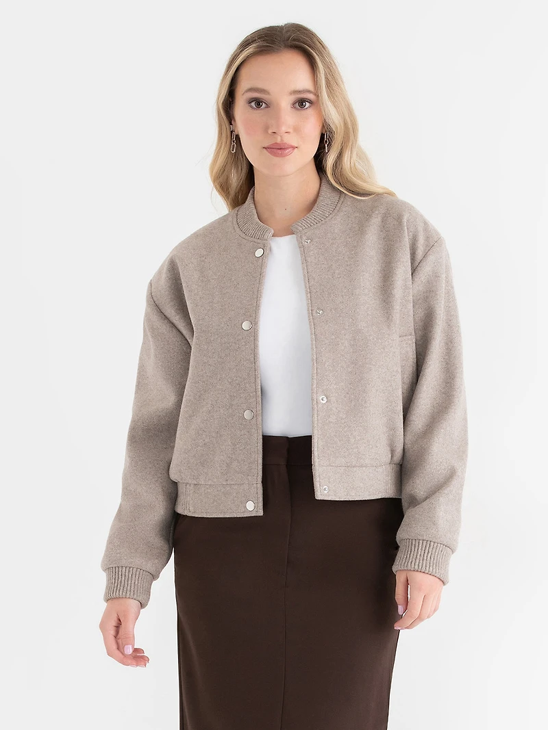 Oatmeal Melange Felt Bomber Jacket