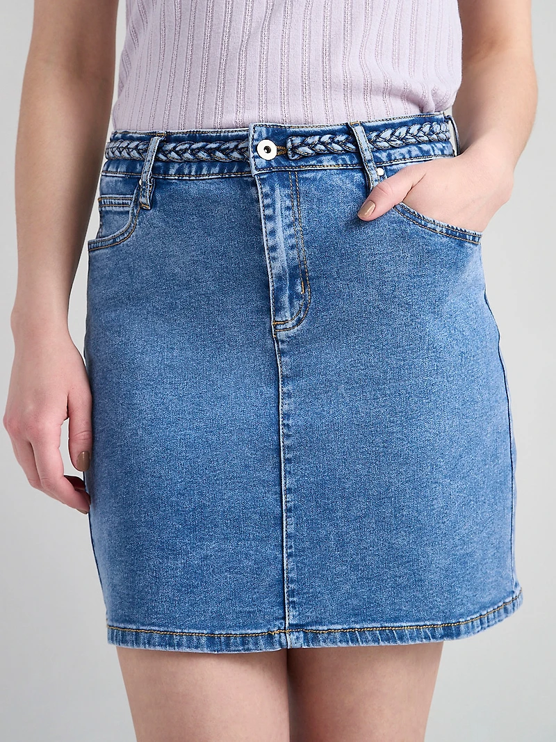 Braided Waistband Mini Skirt Mid Wash