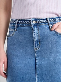 Braided Waistband Mini Skirt Mid Wash