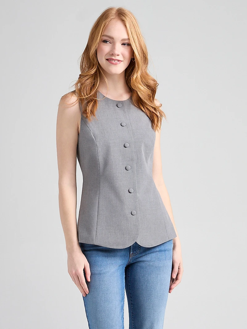 Crew Neck Button Front Vest Grey Crosshatch