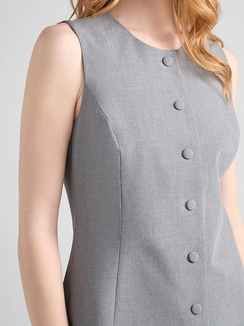 Crew Neck Button Front Vest Grey Crosshatch