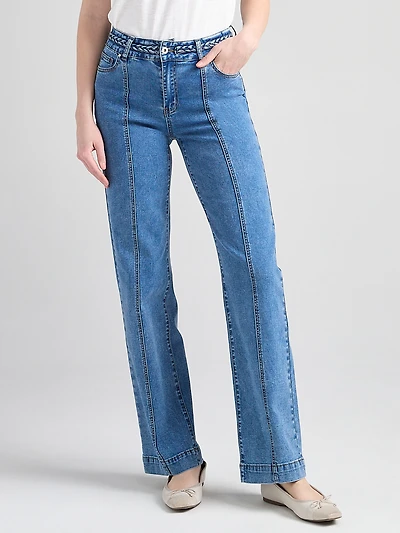 High Rise Braided Waistband Wide Leg Jean Mid Wash