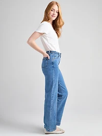 High Rise Braided Waistband Wide Leg Jean Mid Wash