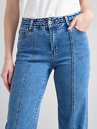 High Rise Braided Waistband Wide Leg Jean Mid Wash