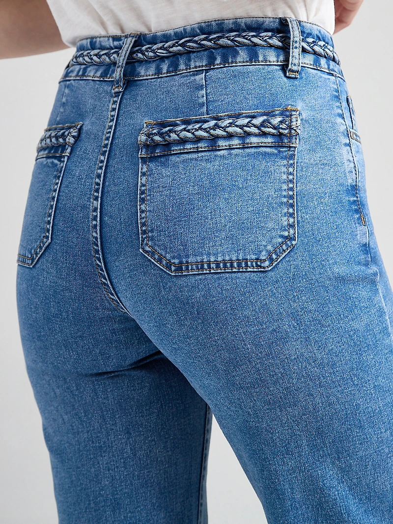 High Rise Braided Waistband Wide Leg Jean Mid Wash