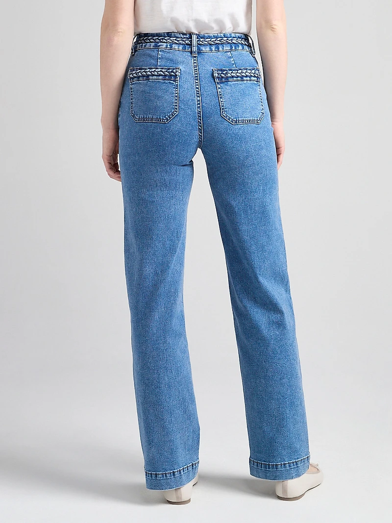 High Rise Braided Waistband Wide Leg Jean Mid Wash