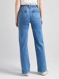 High Rise Braided Waistband Wide Leg Jean Mid Wash