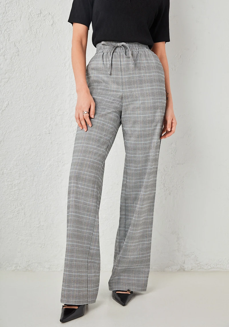 High Rise Pull On Plaid Pant Grey