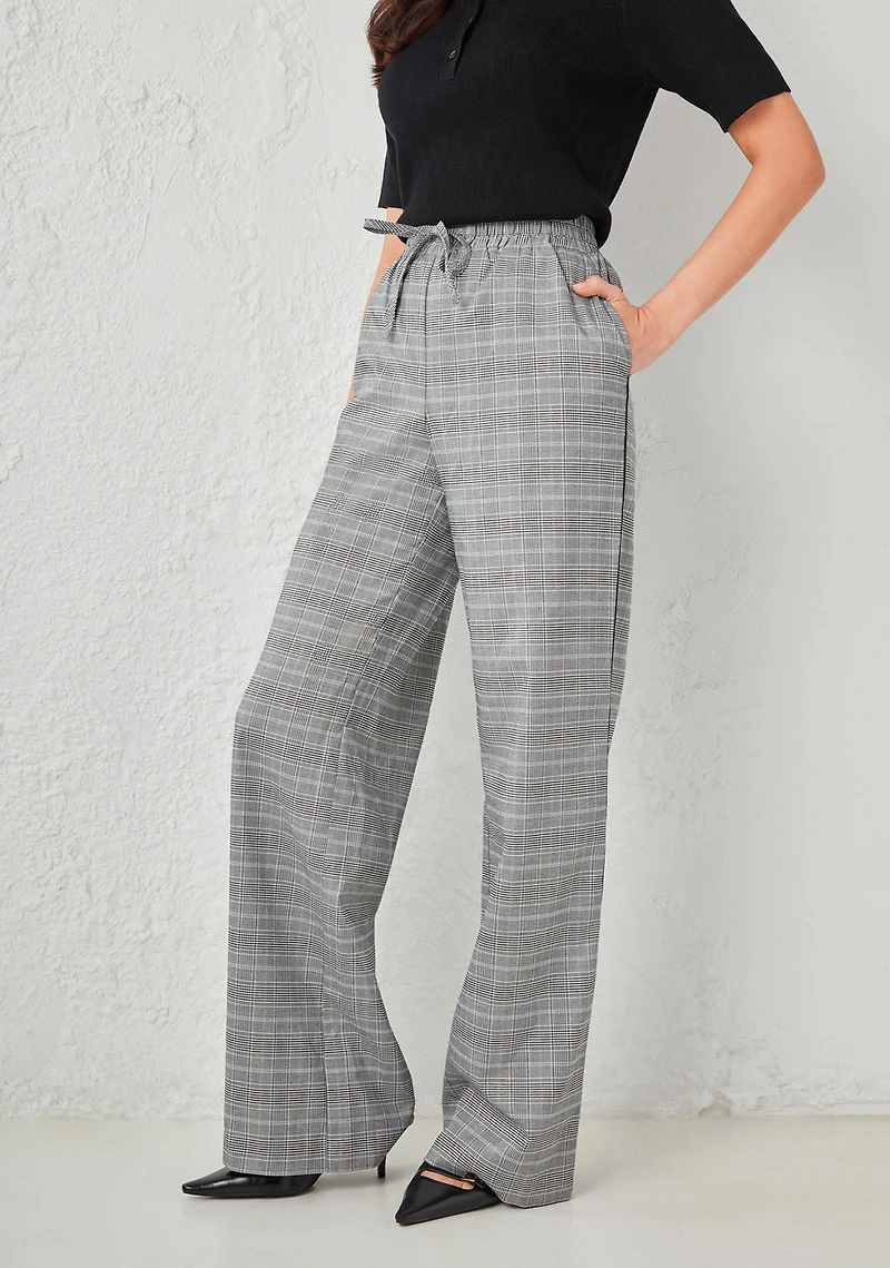 High Rise Pull On Plaid Pant Grey