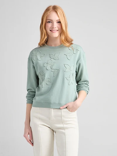 Long Sleeve Crew Neck with Applique Green Mist