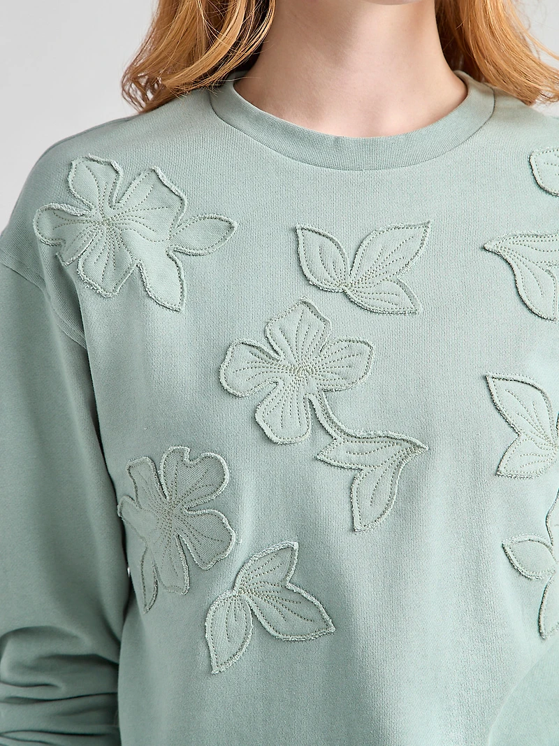 Long Sleeve Crew Neck with Applique Green Mist