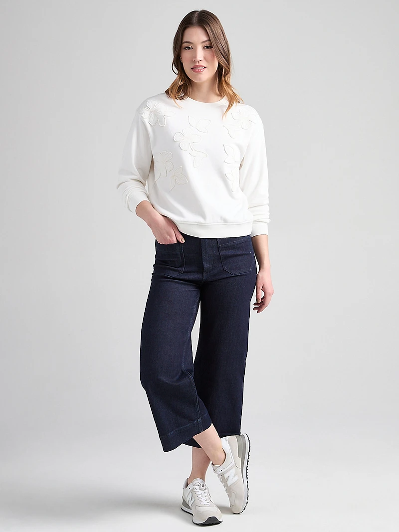 Long Sleeve Crew Neck with Applique Ivory