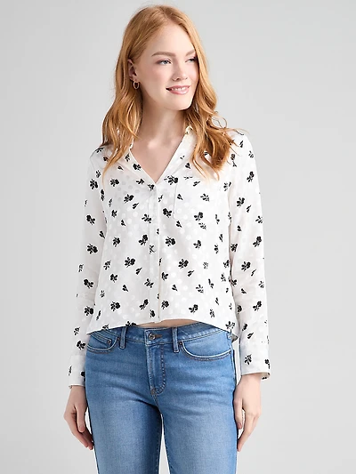 Long Sleeve Cropped Collared Blouse Floral Dot