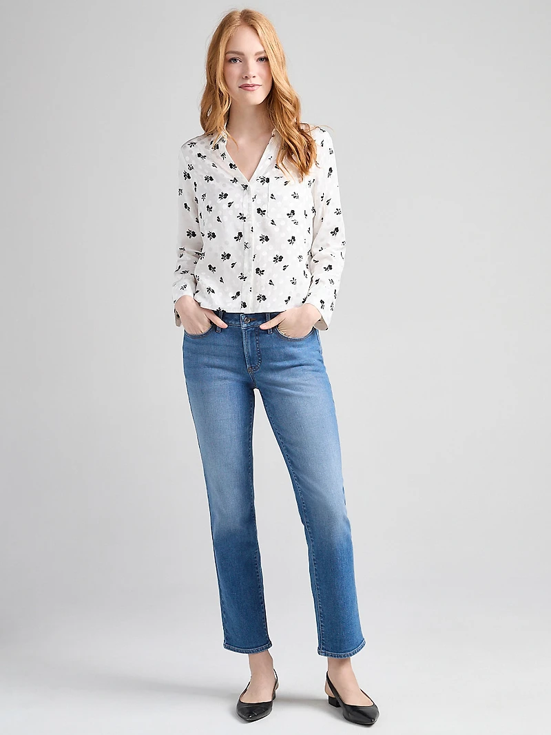 Long Sleeve Cropped Collared Blouse Floral Dot