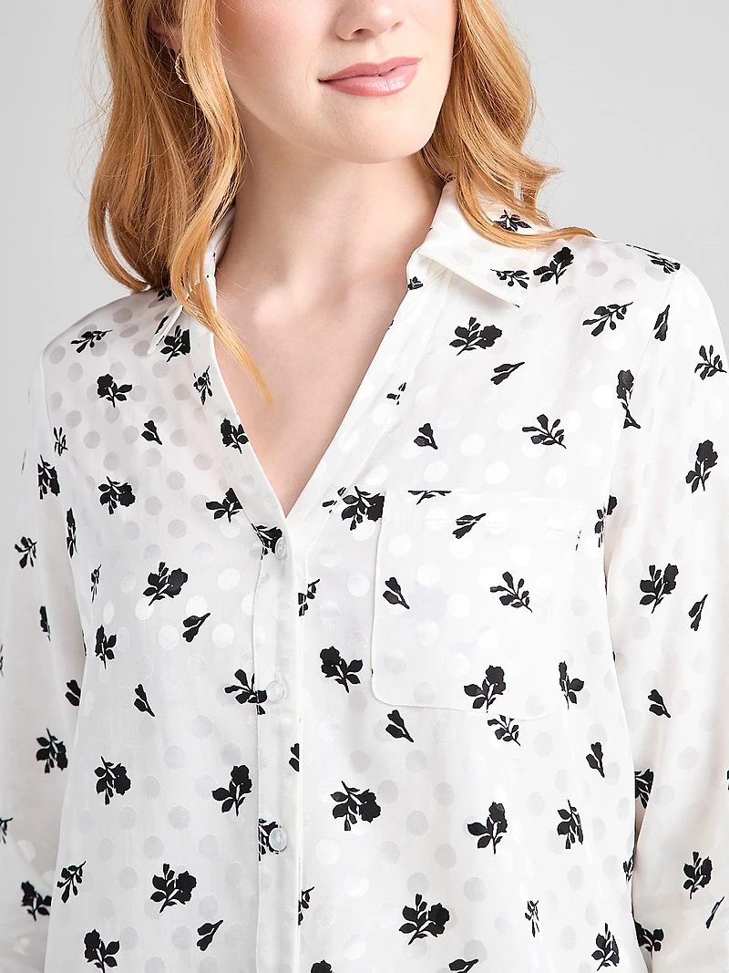Long Sleeve Cropped Collared Blouse Floral Dot