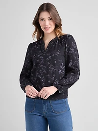 Long Sleeve V-Neck T-Shirt Black Ditsy