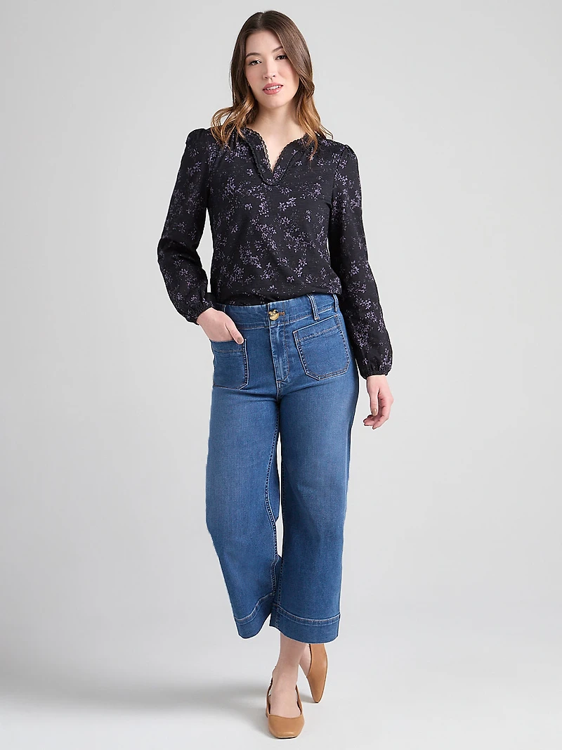 Long Sleeve V-Neck T-Shirt Black Ditsy