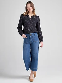 Long Sleeve V-Neck T-Shirt Black Ditsy